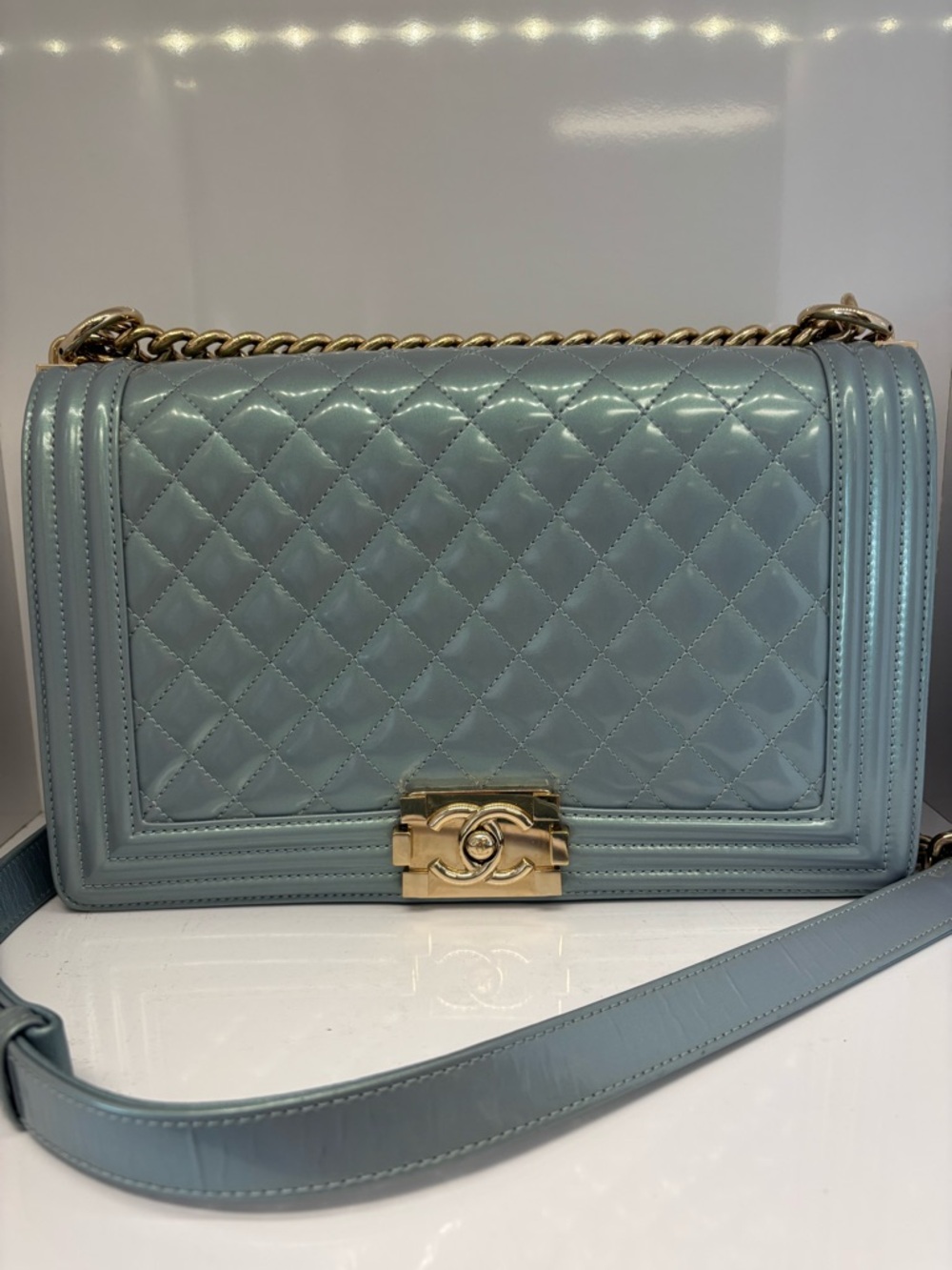 CHANEL Quilted Patent Leather Boy Bag | iridescent blue